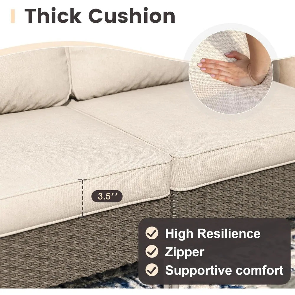 7 Pieces Wicker Patio Furniture Set, Outdoor Conversation Set Sectional Sofa with Cushion & Glass-Top Coffee Table for Garden