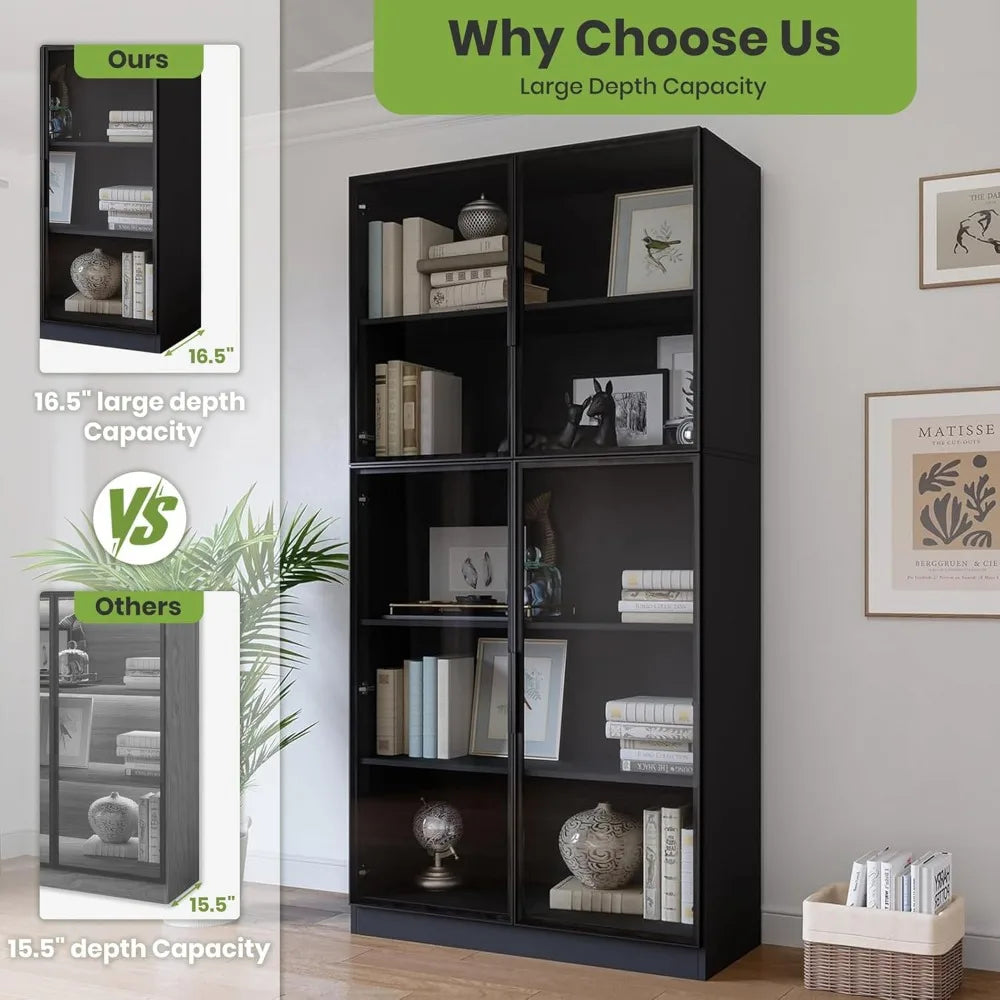 Display Cabinet with 4 Glass Doors, 5 -Tier Storage Cabinet with LED Lights, 78.7" Tall Black Bookcase with Storage, Wooden Disp