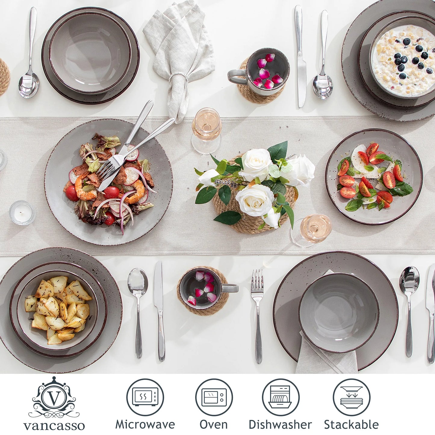 Vancasso Navia Grey 16/32/48-Piece Ceramic Stoneware Dinnerware Set with Dinner Plate,Dessert Plate,800ml Bowl,Mug Tableware Set