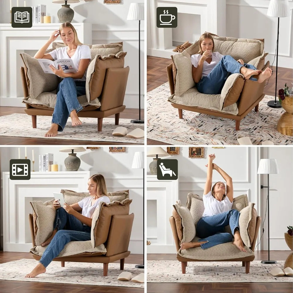 Oversized Armchair Accent Chair Reading Chair with 4 Cushions,Single Sofa Lounge Living Room Chair with Feather and Doll-Cotton