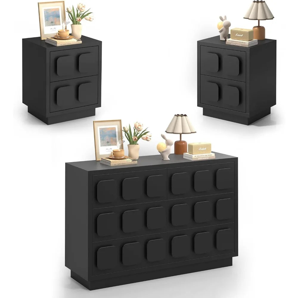 3 Pcs Bedroom Sets, Large 6 Drawer Dresser and Night Stand Sets for Bedroom with Chocolate Handle, Two Drawers Nightstand Set o