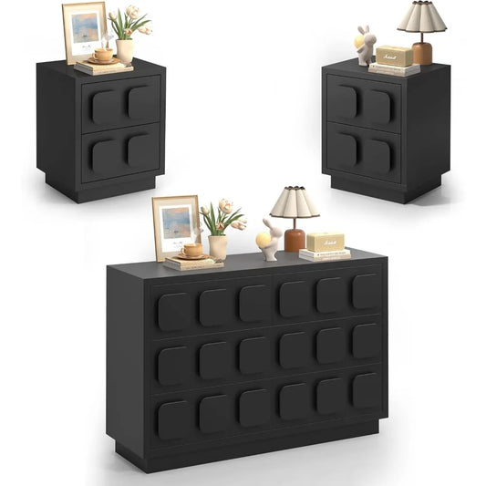 3 Pcs Bedroom Sets, Large 6 Drawer Dresser and Night Stand Sets for Bedroom with Chocolate Handle, Two Drawers Nightstand Set o