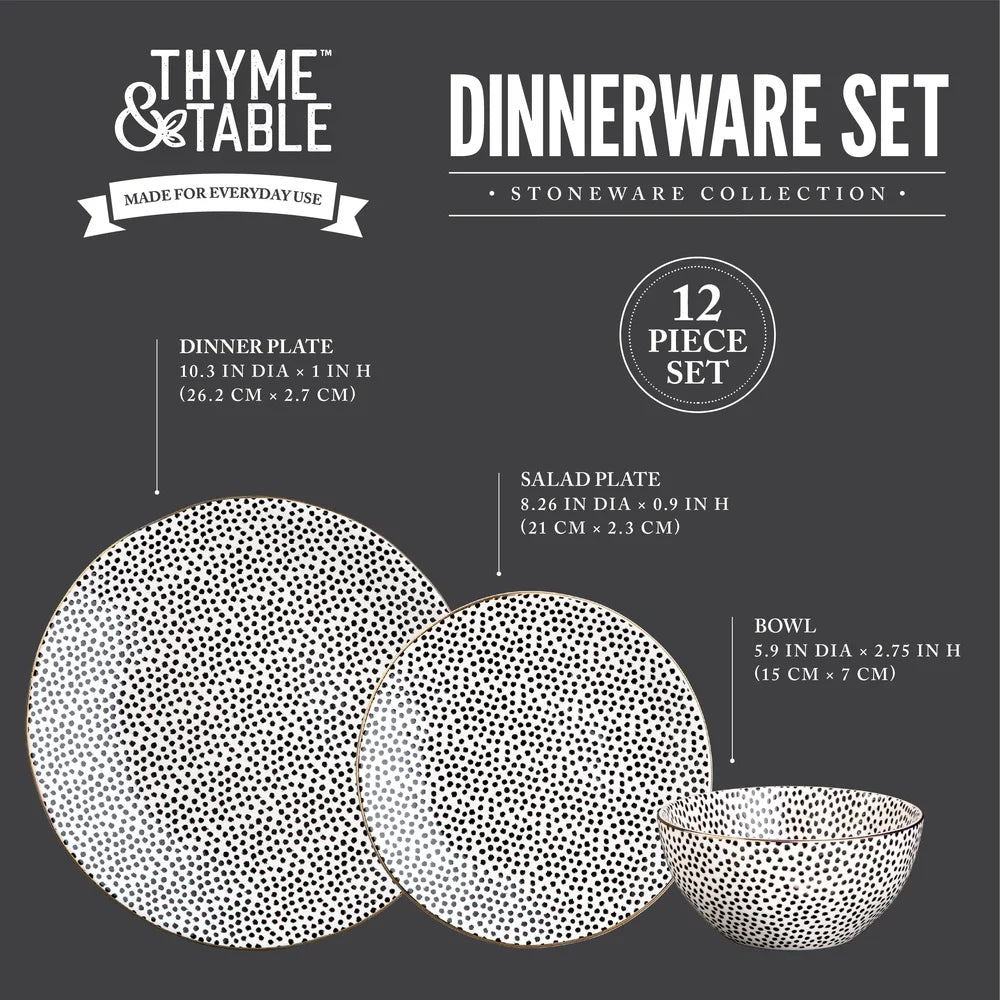 12 Piece Dinnerware Set Stoneware Black White Dot Dishwasher Microwave Safe Dinner Plates Salad Bowls Complete Dining Collection