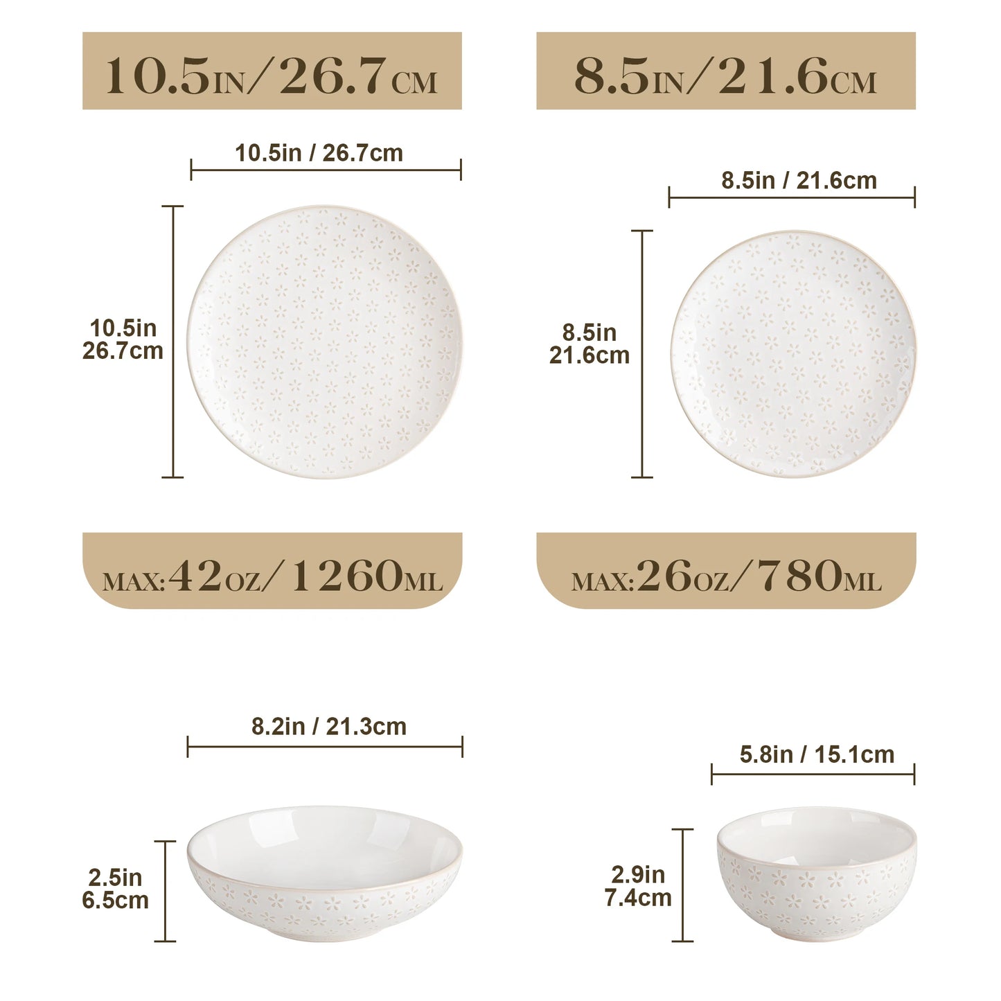 MALACASA LYDIA 16/32 Piece Stoneware Plates Dinner Set White Embossment Dinnerware Set with 6pcs Dinner plate/Dessert/Bowl/Soup
