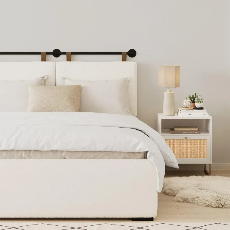 Nathan James Charlie Wall Mount Hanging Upholstered Headboard, Queen, White Boucle with Brown Faux Leather Straps