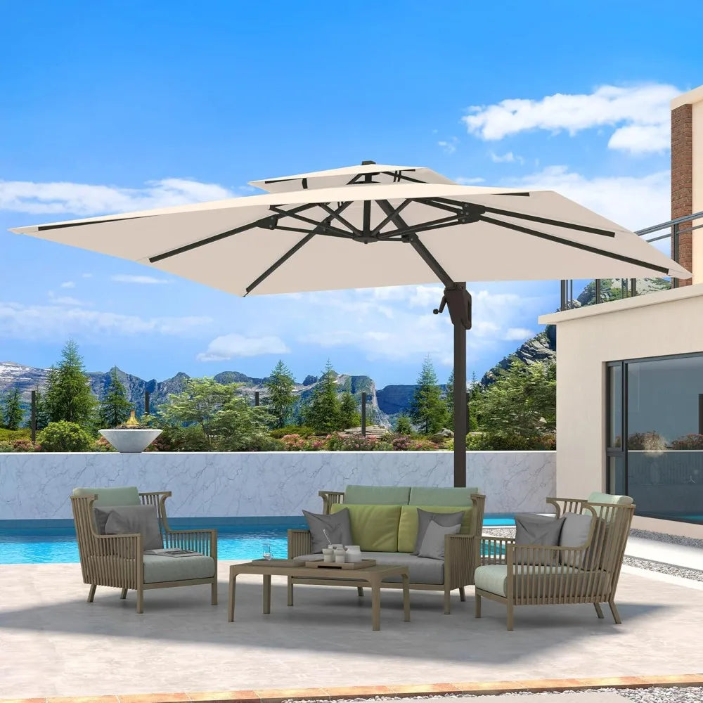 10 X 13 FT Cantilever Patio Umbrella Outdoor Heavy Duty Double Top Windproof Rectangle Offset Umbrellas with 360-degree Rotation