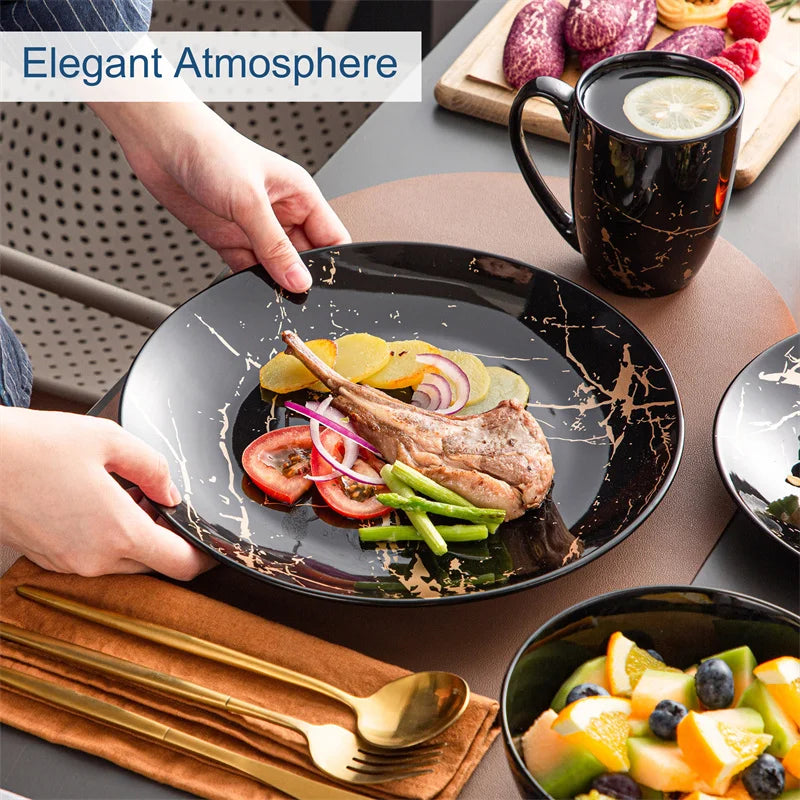 16Pcs Black Procelain Tableware Set Design By Gold Splash with Dinner Plate/Cake plate/Bowls/Coffee Cups Kitchen Dinner Ware Set