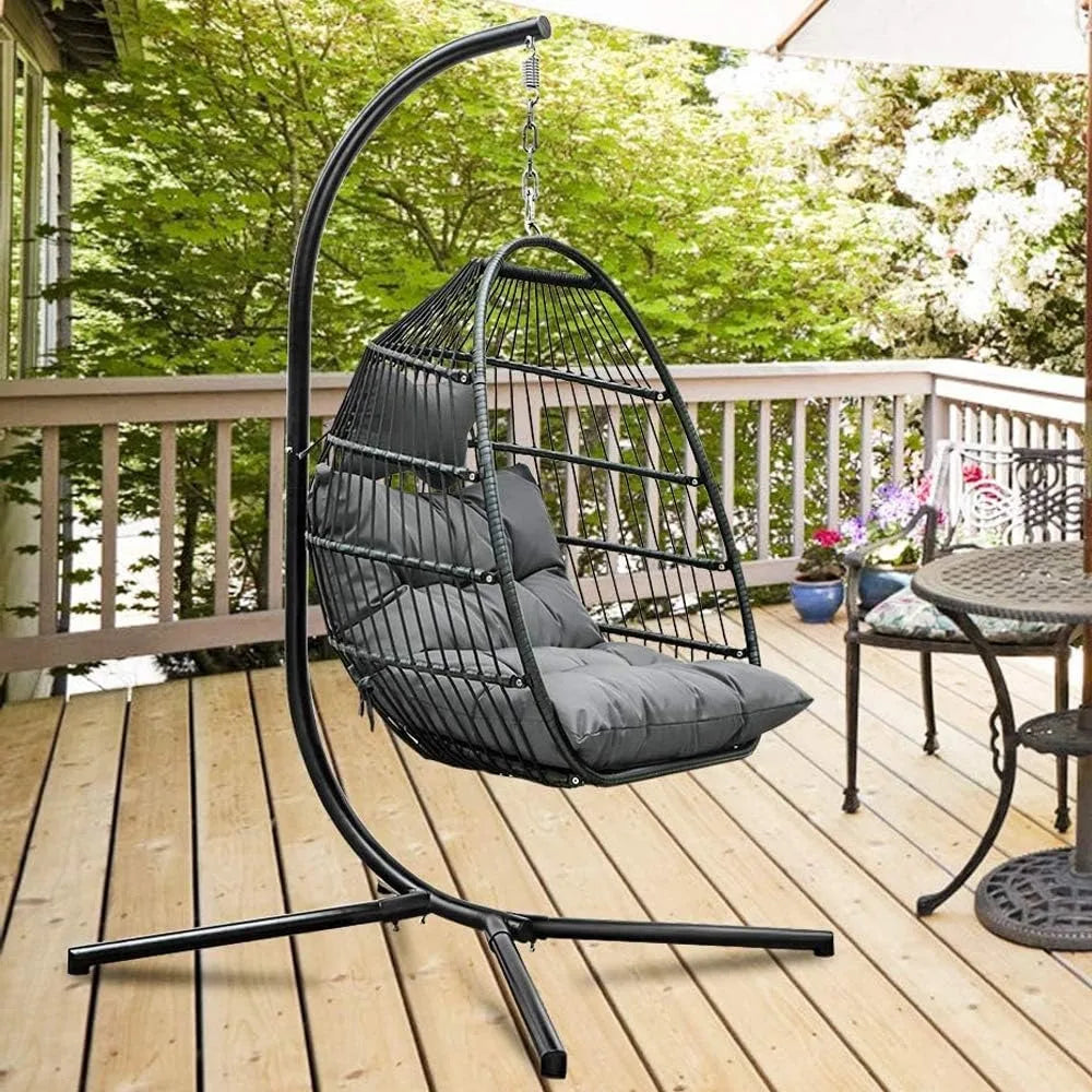 Foldable Rattan Wicker Swing Chair with Cushion and Pillow