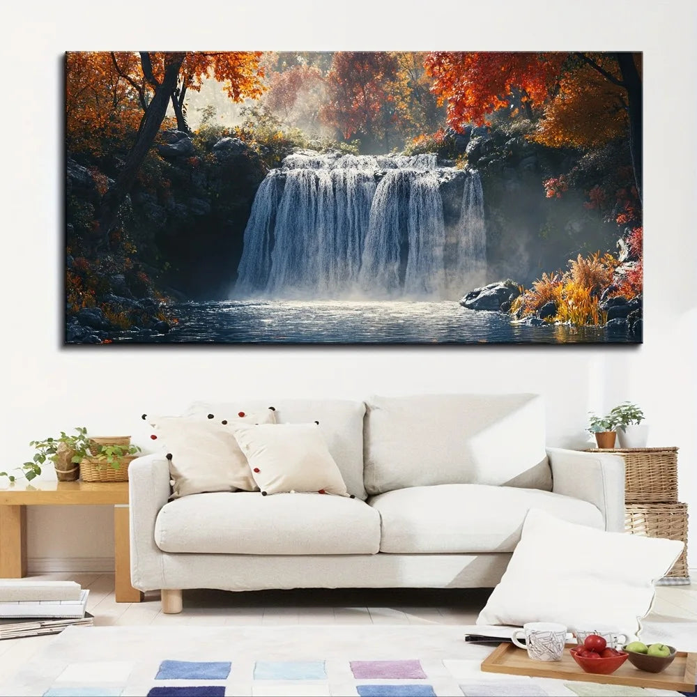 Forest Waterfall Mural in Pine Wood Frame Wall Art