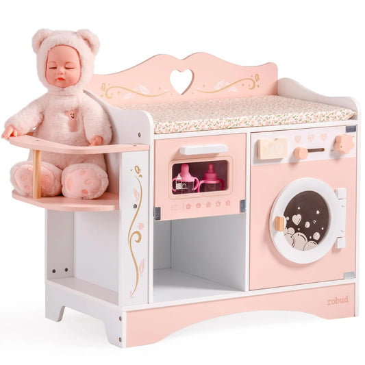 ROBUD Baby Doll Crib, Pink Baby Doll Beds Wooden Doll Changing Station with Seat Doll Accessories of Toy Crib to Kids Age 3+