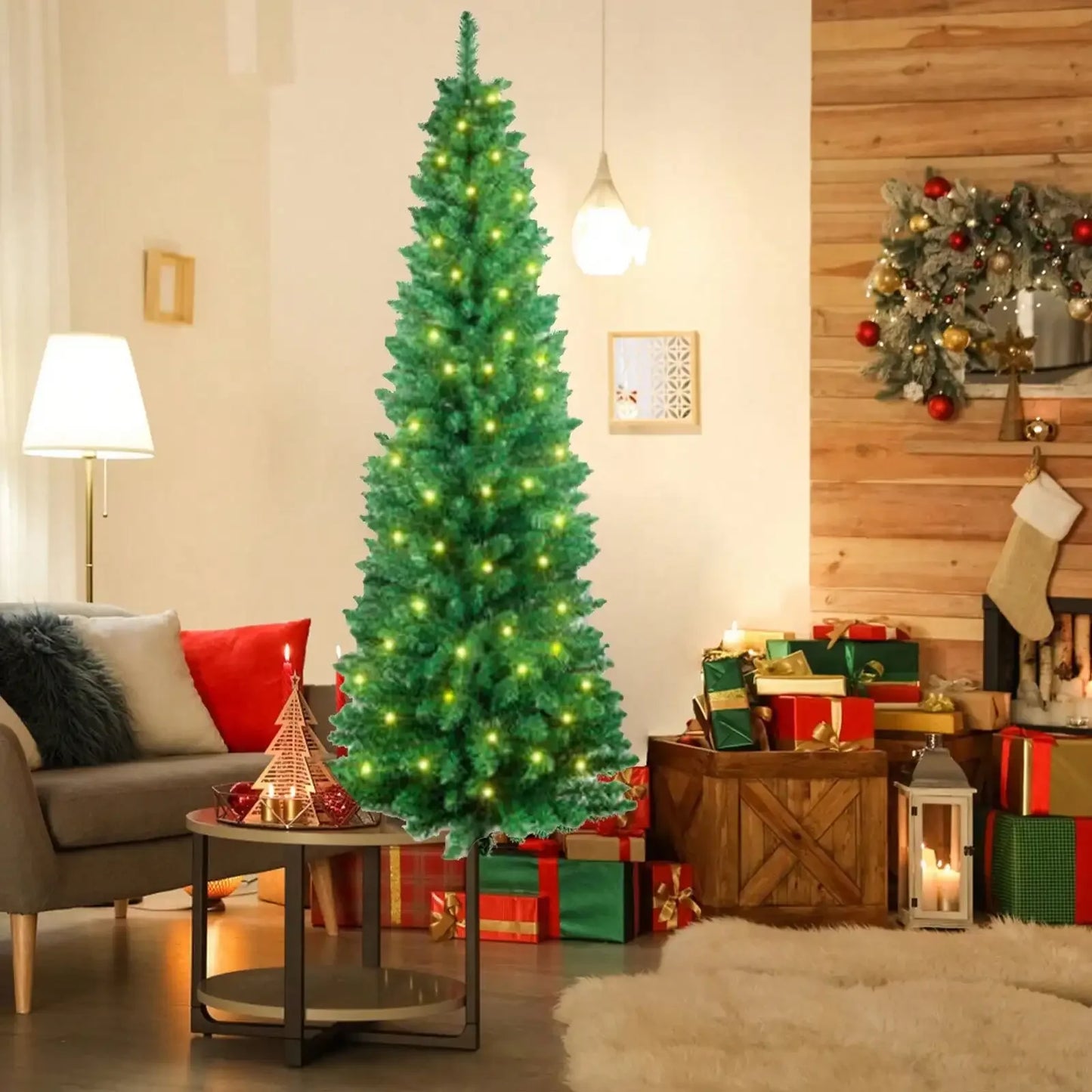 Pencil Christmas Tree 5/6/7 Feet with LED Lights, Artificial Pine Christmas Tree Decoration