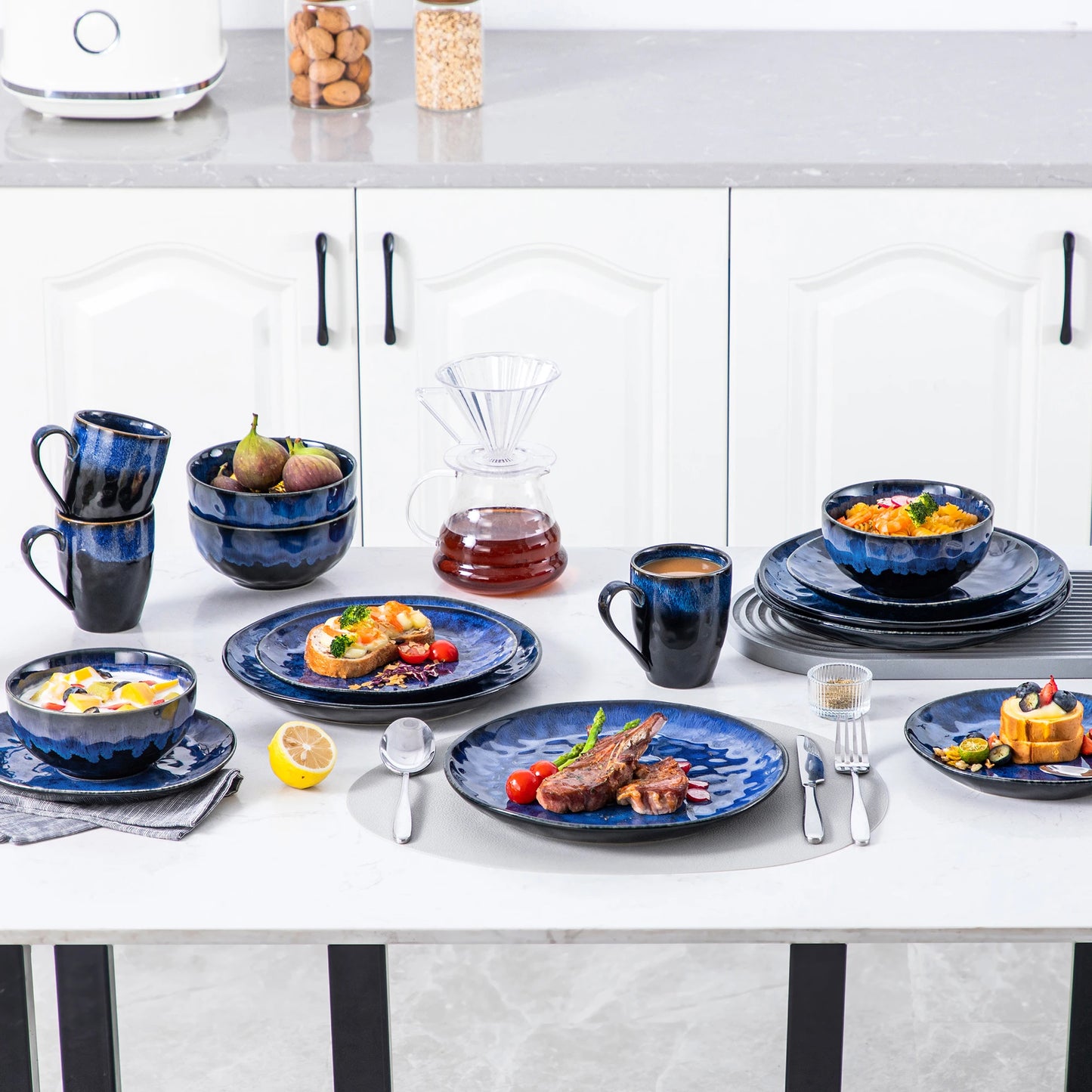 vancasso 16/32/48-Piece Starry Blue Dinner Set,Kiln Change Glaze Tableware Dinner Set with Dinner Plate,Dessert Plate,Bowl,Mug