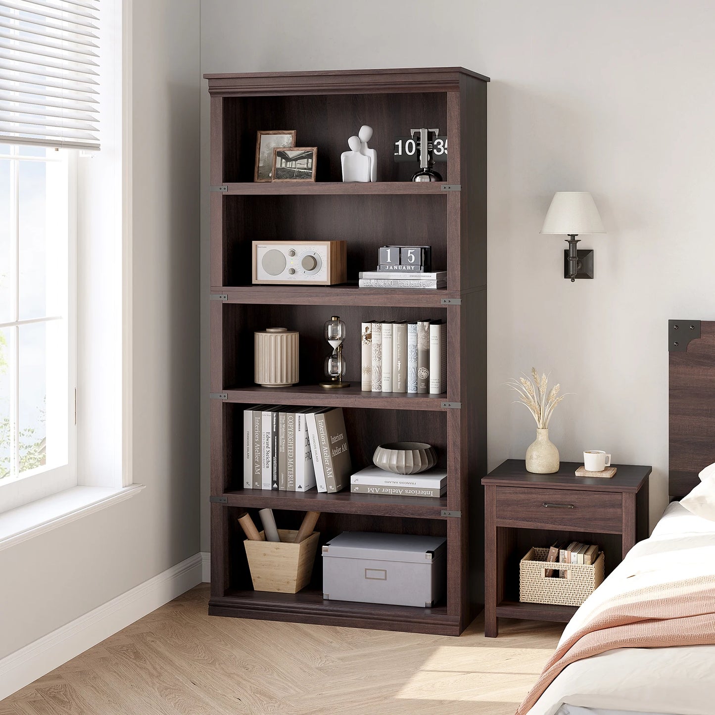 5 Tier Bookcase, Farmhouse Book 3-5 Shelf with Storage Open Display Bookshelves, Home Decor Furniture for Home Office, Bed Room