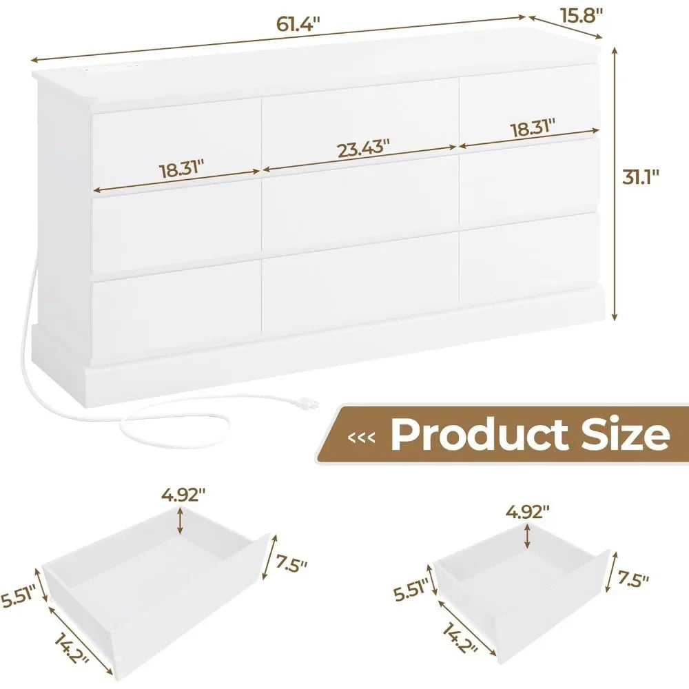 Modern White Bedroom Dresser with 9 Drawers, 61.4" Wide Dresser Chest of Drawers with Large Capacity Storage, Long Dresser