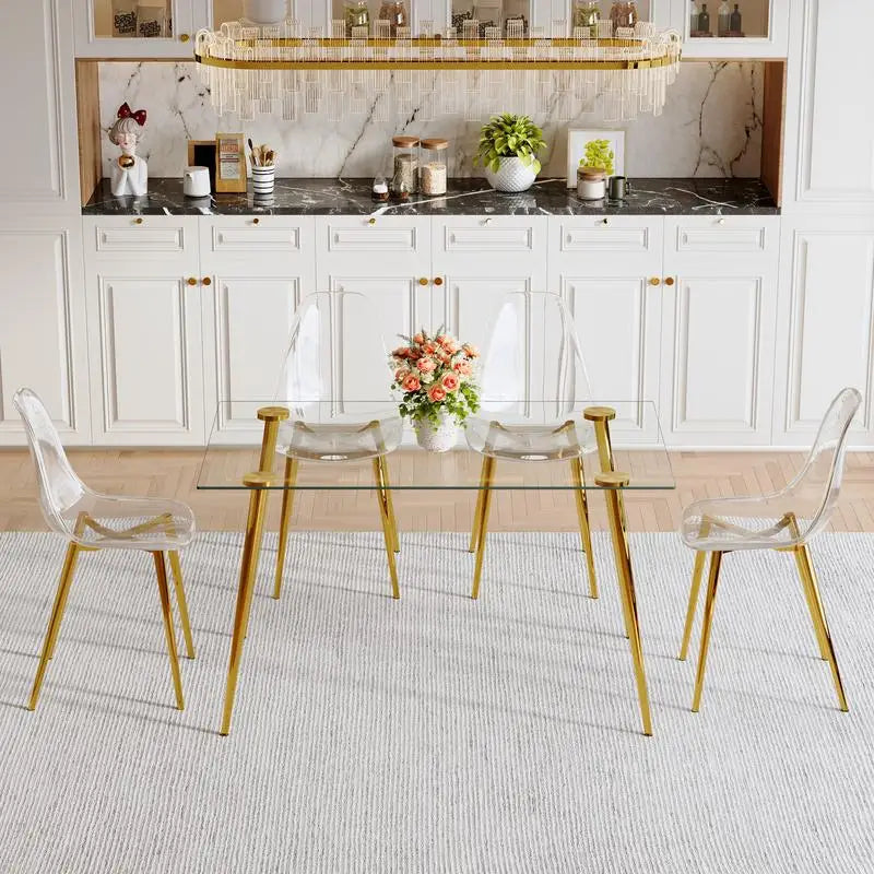 Modern Luxurious Rectangular Glass Dining Table Set with 4 Clear Plastic Chairs and Gold Metal Legs for Comfortable Home