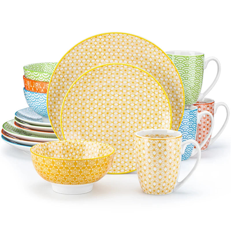 16Pieces Porcelain Multi-Colour Japanese-style Dinnerware Set with 4*Dinner Plate,Dessert Plate,Bowl,Mug Ceramic Tableware Set