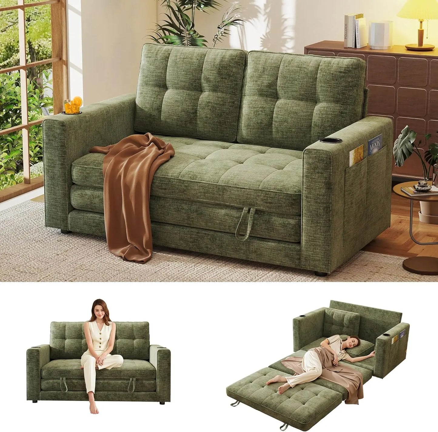 55" Convertible Folding Sofa Bed, Pull Out Couch Love Seat Sleeper Bed, Small Fold Out Loveseat Sleeper with Cup Holder