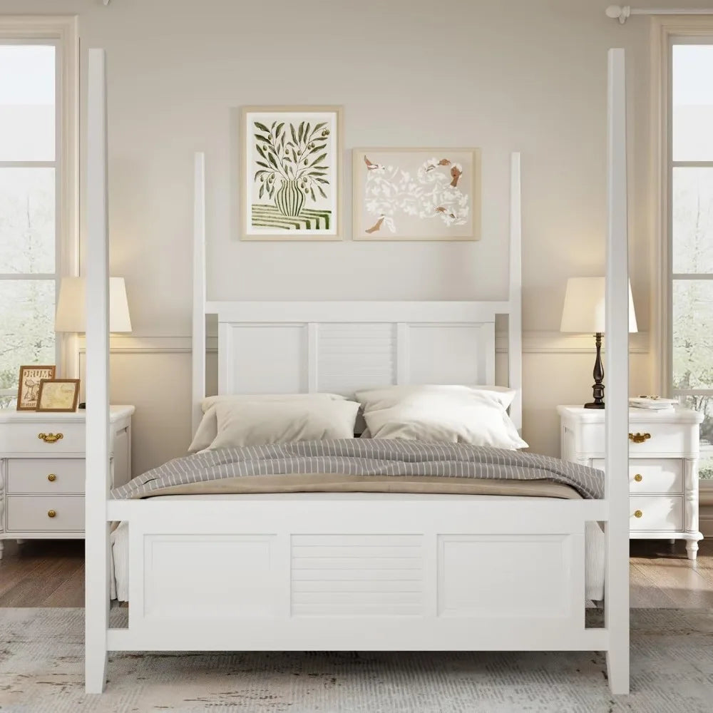 4-Poster Platform Bed King Size with Decorative Headboard and Footboards, Traditional Solid Wood Platform Bed Frame with Sturdy
