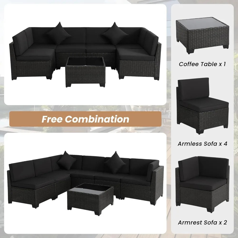 7 Pieces Patio Furniture Sets, Outdoor Furniture Patio Conversation Set, All Weather PE Rattan Sectional Sofa with Cushions