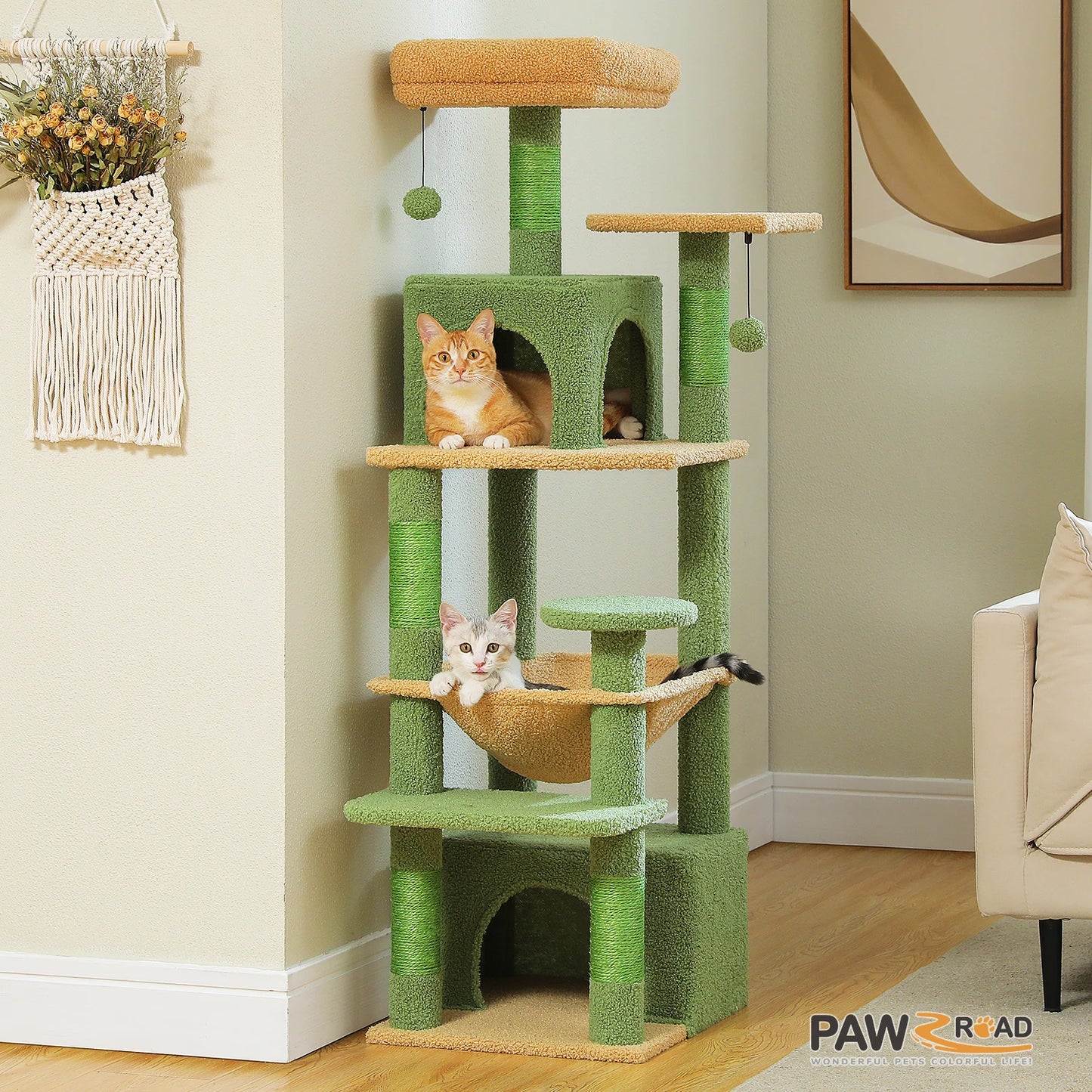 Delightful 6-Level Cat Tree Tower with Cozy Hammock and Pompoms
