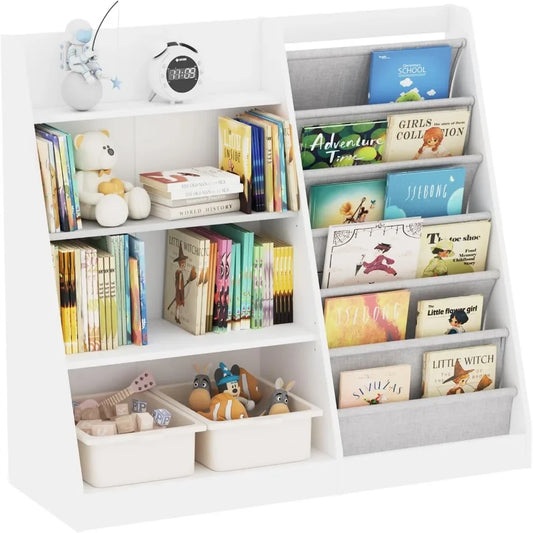 White Kids Bookshelf Wood Toy Storage Organizer Cabinet Children Bookcase Toddler Baby Sling Book Rack Adjustable Shelf
