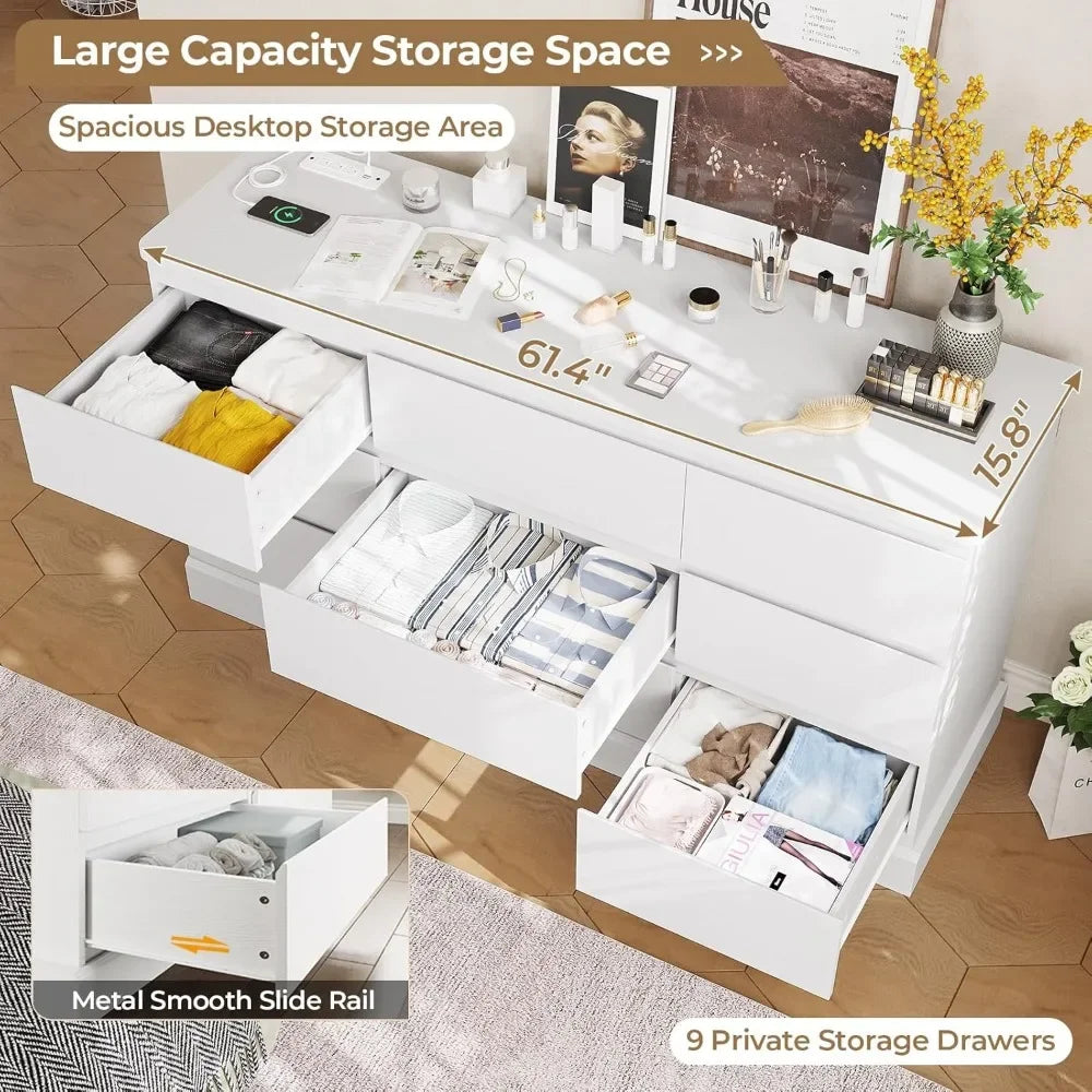 Modern White Bedroom Dresser with 9 Drawers, 61.4" Wide Dresser Chest of Drawers with Large Capacity Storage, Long Dresser