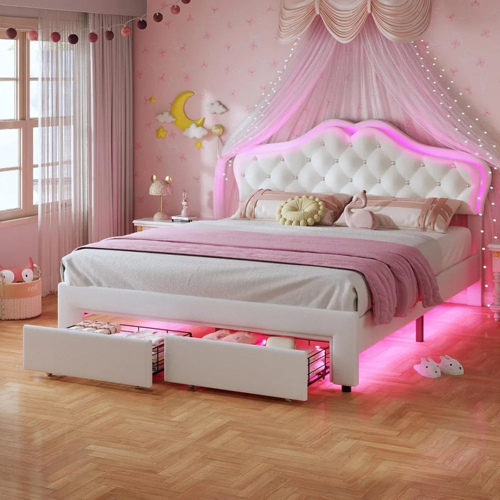 Full Size Girl Bed with 2 Storage Drawers & LED Lights, Upholstered Platform Bed, Adjustable Headboard with Velvet Crystal Butto