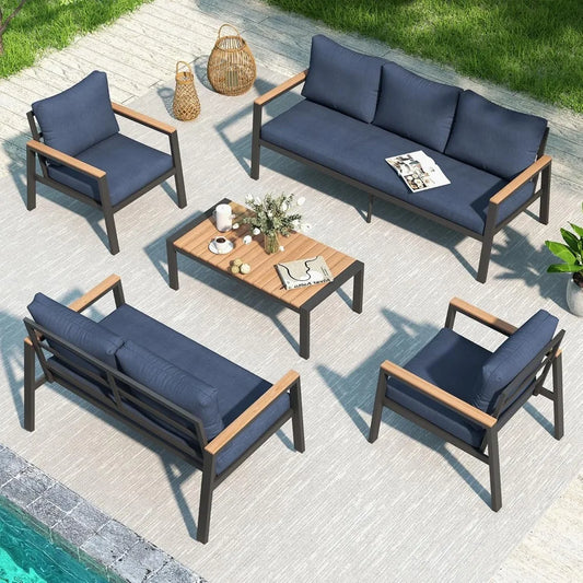 Aluminum Outdoor Furniture Set, 5 Pieces Patio Furniture Conversation Set with Teak Top Coffee Table, 7 Seats Patio Sectio