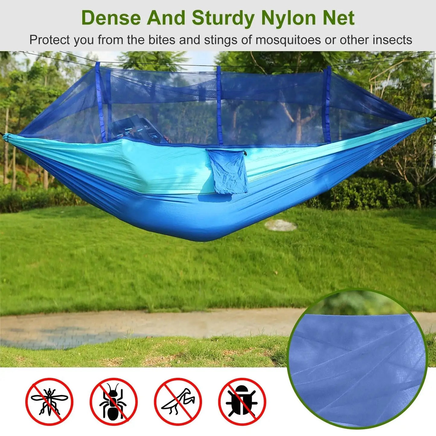 Portable Double Camping Hammock with Mosquito Net - 600lbs Capacity for 2, Nylon Swing Bed, Includes Strap & Carry Bag