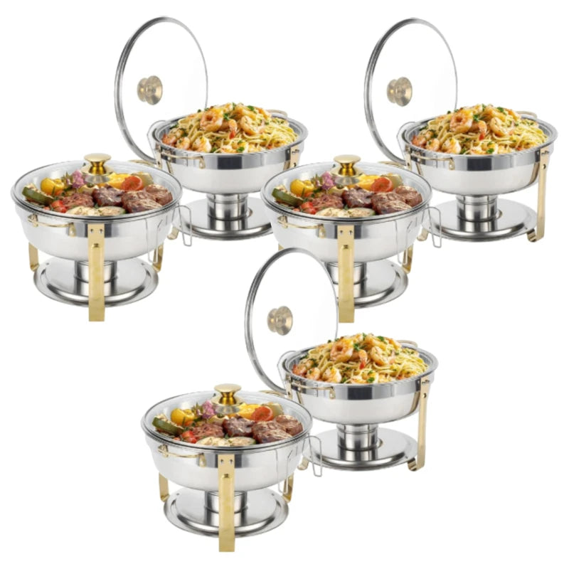 5QT 2/4 Pack Gold Round Chafing Dish Food Warmer Set with Stainless Steel Lid Fuel Can Home Party Hotel Buffet Gas Fuel Food Pan