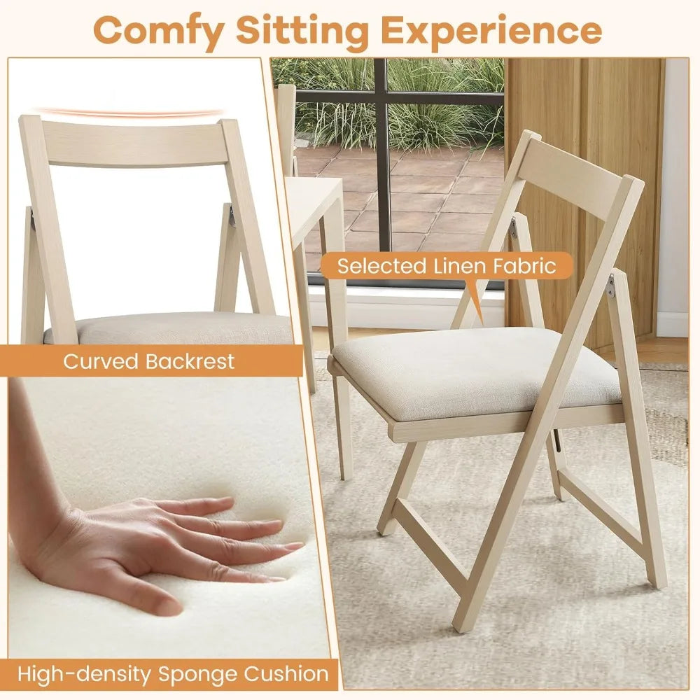 Set of 4 Folding Dining Chairs, Modern Design with Cushioned Seats and Rounded Backs, Rubberwood Frame, Space-Efficient