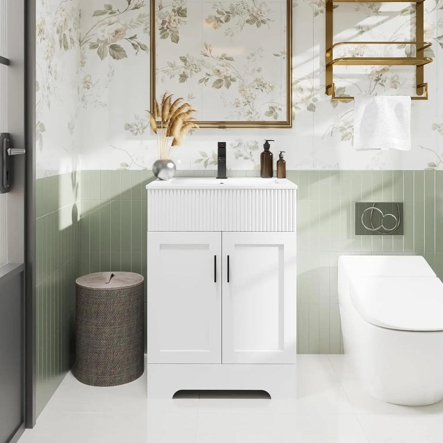 60" Bathroom Vanities Sink Combo with Painted Surface, Modern Drawered Cabinet W/Decorative Wave Lines, Undermount Double Sink