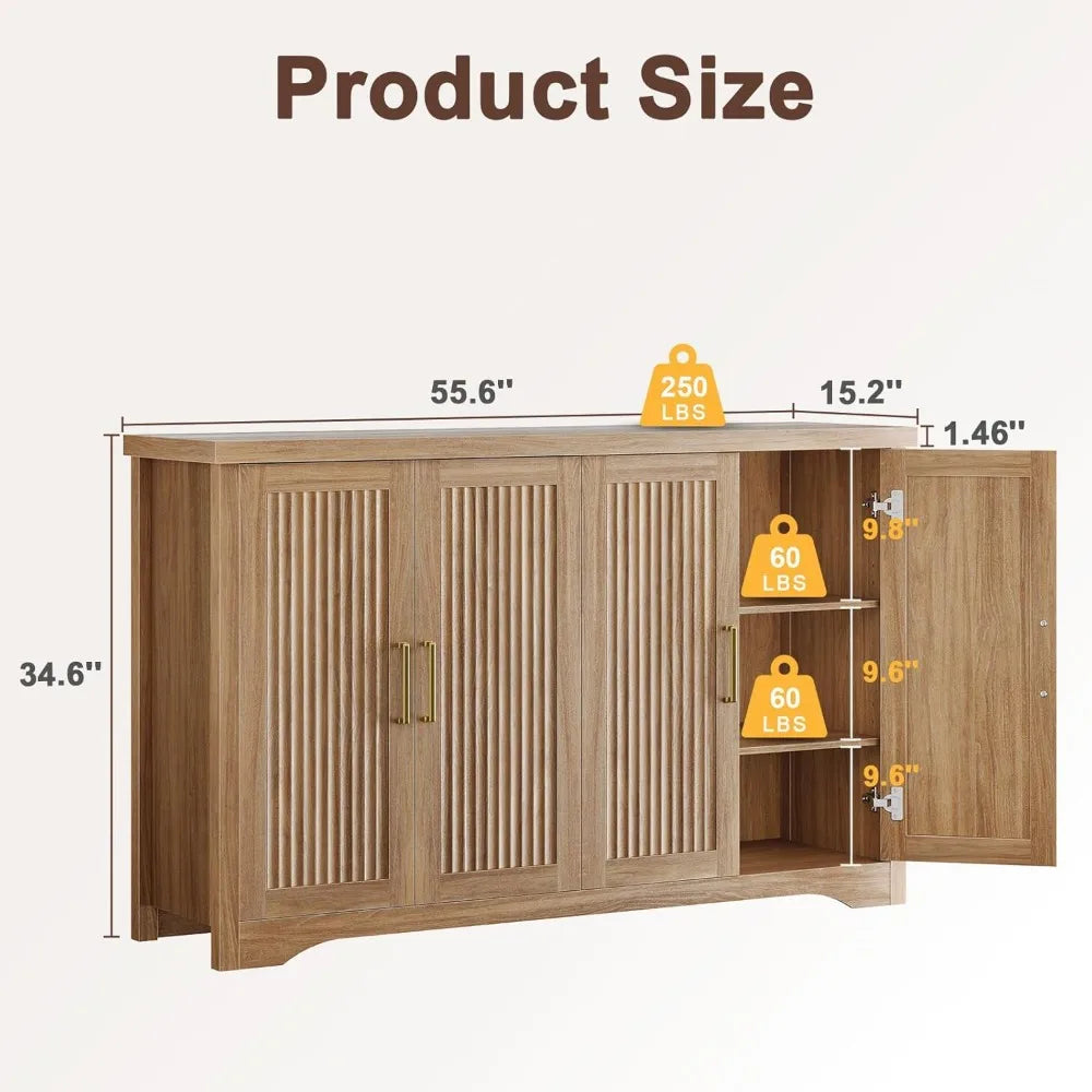 Fluted Buffet Cabinet with Storage Accent Sideboard, Modern Credenza with 4 Doors & Adjustable Shelves, A Versatile Piece Blendi