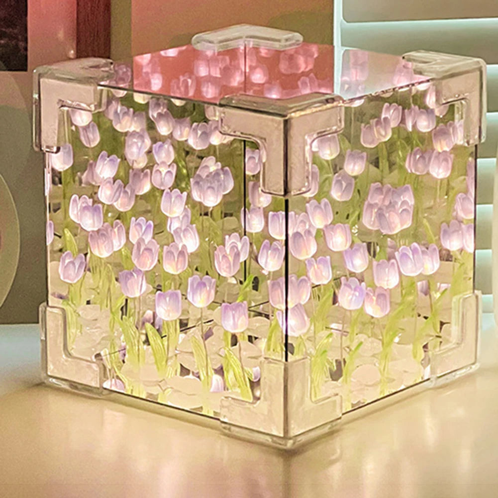 Tulip Night Light LED Decorative Nights Lamp Handmade DIY Tulip Mirror Night Light Tulip Cube Mirror Lamp Flowers Birthday Gifts