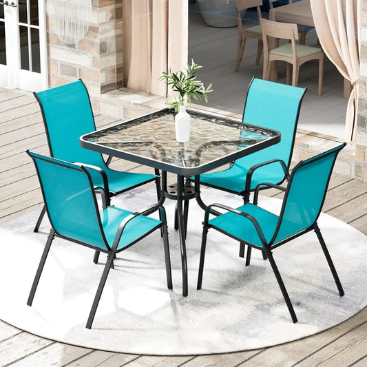 5 Piece Outdoor Patio Dining Set (Umbrella not Included), Porch Furniture with 4 Textline Chairs, 1 Square Glass Table for Gard