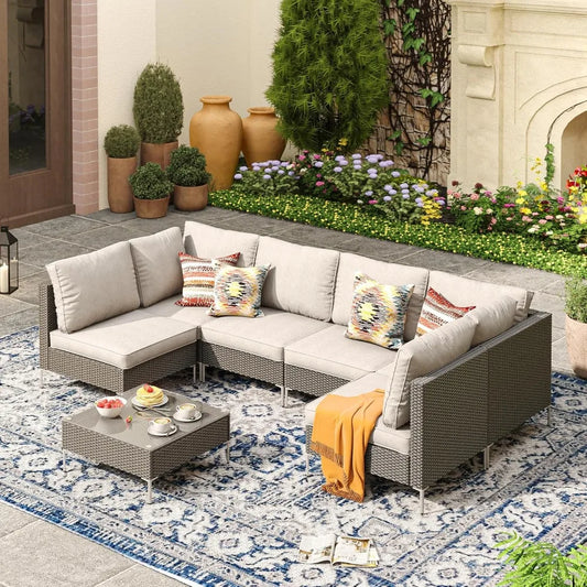 7 Pieces Wicker Patio Furniture Set, Outdoor Conversation Set Sectional Sofa with Cushion & Glass-Top Coffee Table for Garden