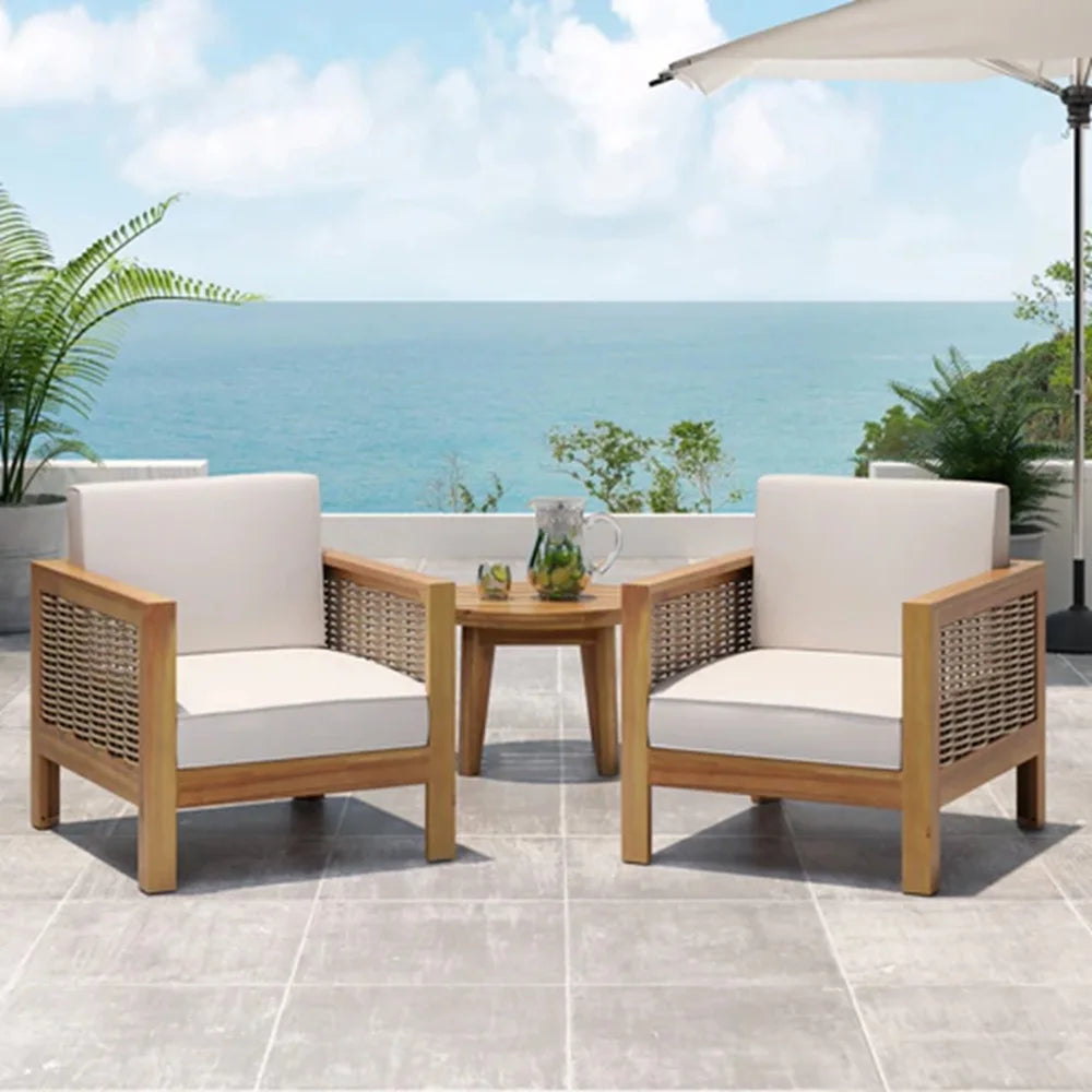 Outdoor Acacia Wood Club Chair with Wicker Accents, Teak Finish ,Mixed Brown,Beige,Patio Furniture Conversation Set for Backyard