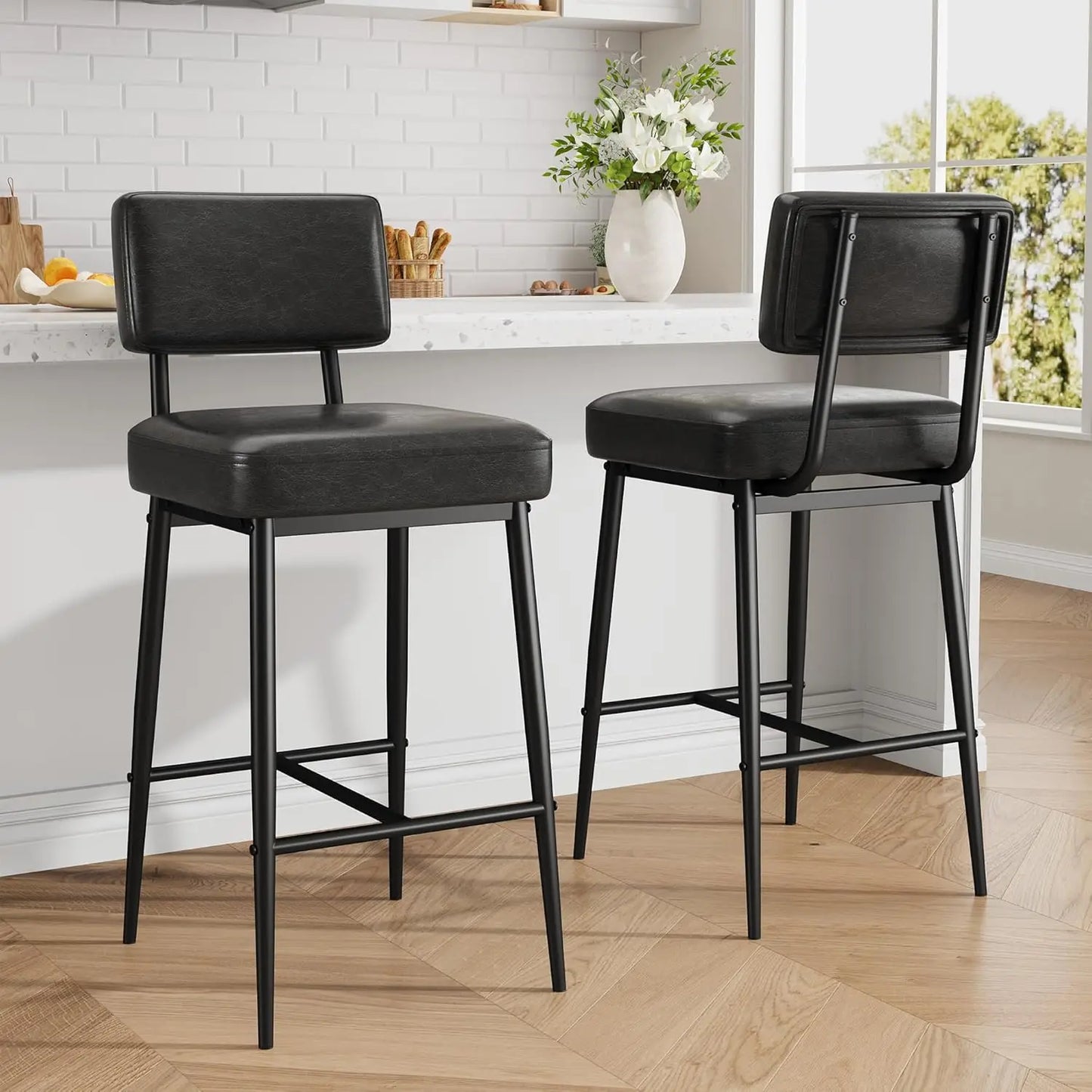 2 Pcs Bar Stools,Faux Leather Counter Height Bar Stool with Back, Metal Legs, Upholstered Barstool Chairs for Island,Counter Bar