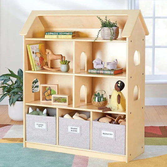 Guidecraft EdQ Dollhouse Bookcase - Natural: Kids' Wooden Organizer Shelves with Removable Storage Bins for Books
