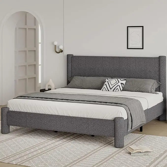 HUANZHUANG Boucle Upholstered Platform Bed Frame Headboard