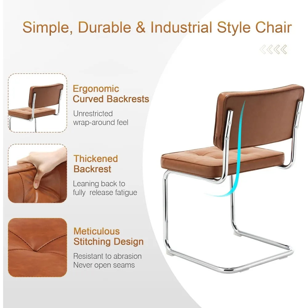 Mid Century Modern Upholstered Leather Dining Chairs, Set of 2 with Stainless Steel and Chrome Legs