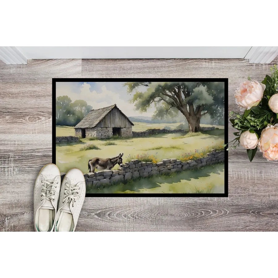 Donkey by the Stone Wall Doormat Front Door Mat Indoor Outdoor Rugs for Entryway Non Slip Washable Low Pile 24H X 36W