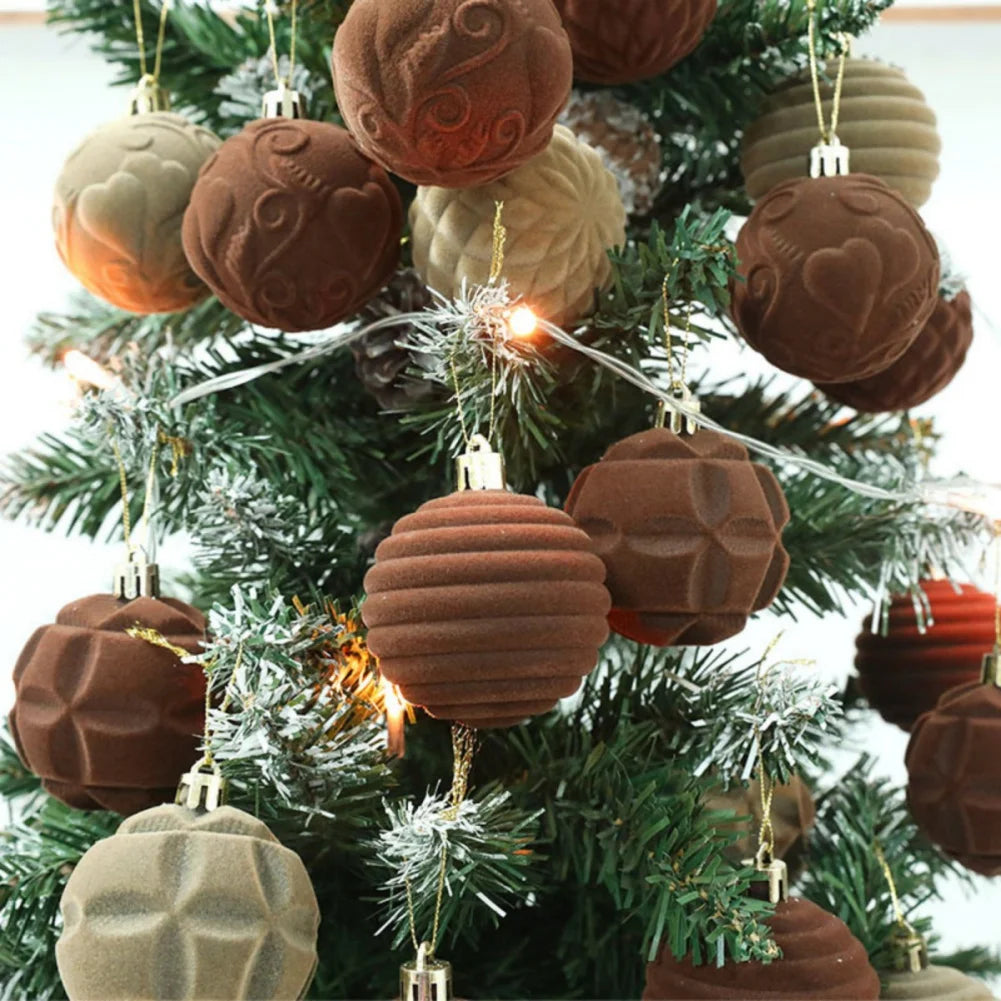 12Pcs/Box 6cm Christmas Flocked Cloth Velvet Balls Pendant Xmas Tree Hanging Ornaments Merry Christmas Decoration New Year Gift