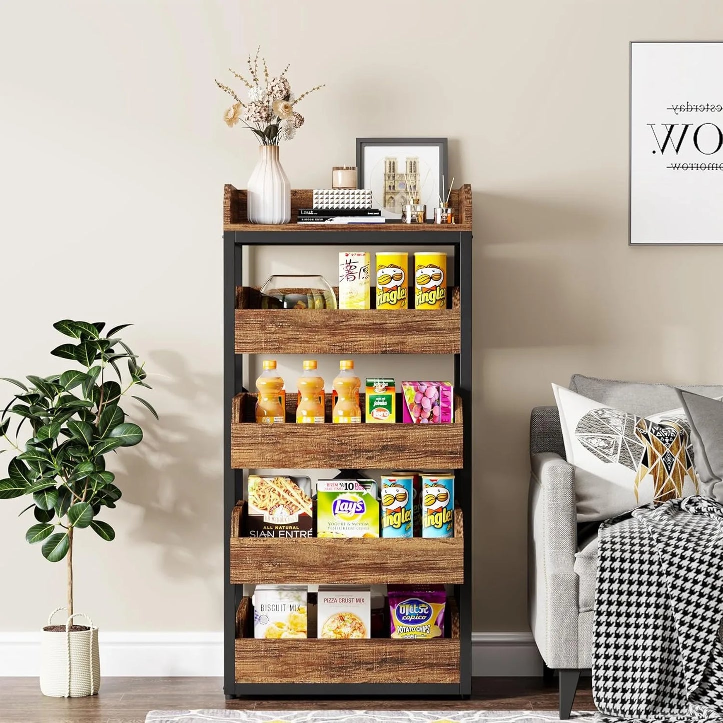 LITTLE TREE Wood Fruit and Vegetable Storage Rack, 5-Tier Pull-Out Snack Stand Fruit Basket Stand,for Kitchen, Living Room