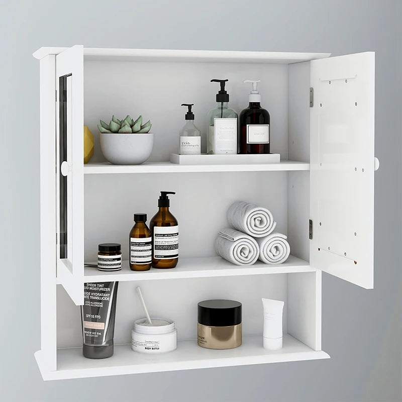 White Wall Cabinet, Bathroom Storage Cabinet with Double Mirror Doors, Wood Hanging Wall Mounted Cabinet, Laundry Room, Kitchen
