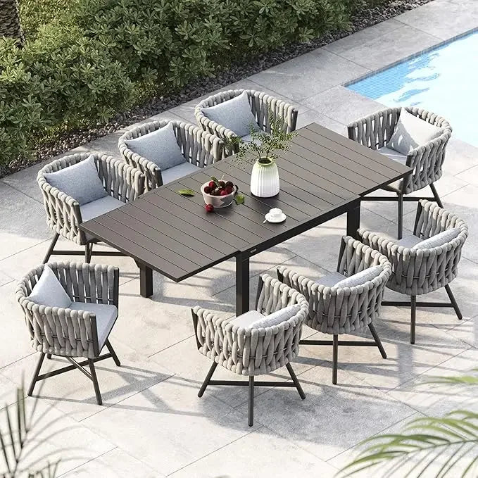 9-Piece Outdoor Dining Set for 8, Patio Dining Furniture Set for 8 Swivel Rope Wicker Chairs
