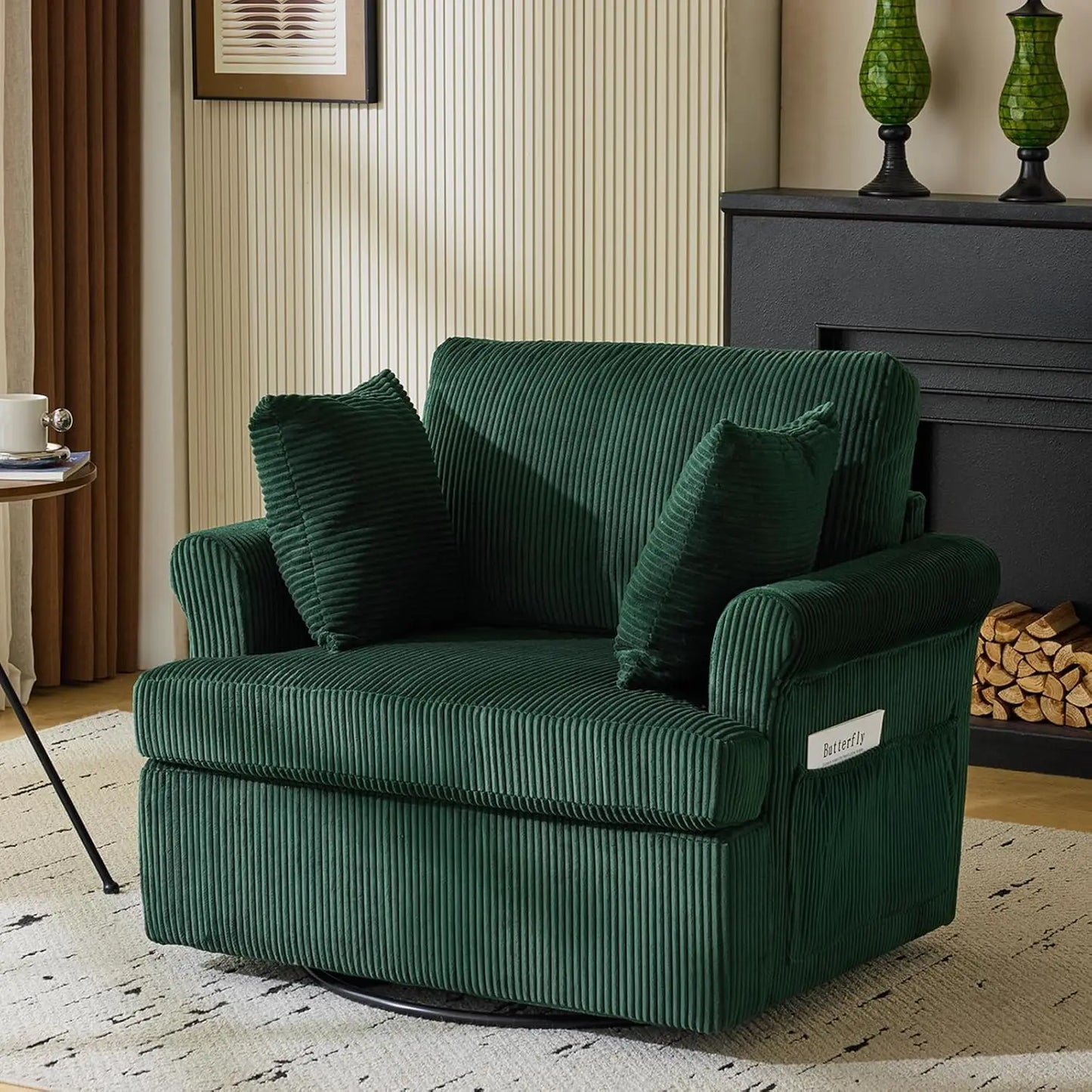 39" Swivel Accent Chair,Oversized Seat Armchair W/2 Pillows and 4 Pockets,Modern Upholstered Corduroy Barrel Chairs,Comfy
