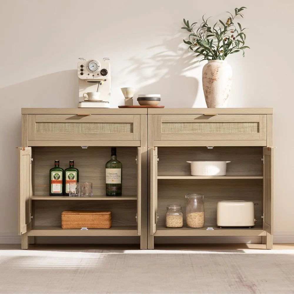 Sideboard Buffet Storage Cabinet Set of 2, Rattan Credenza Buffet Table, Bohemian Organizer w/ Glass Doors & Adjustable Shelves