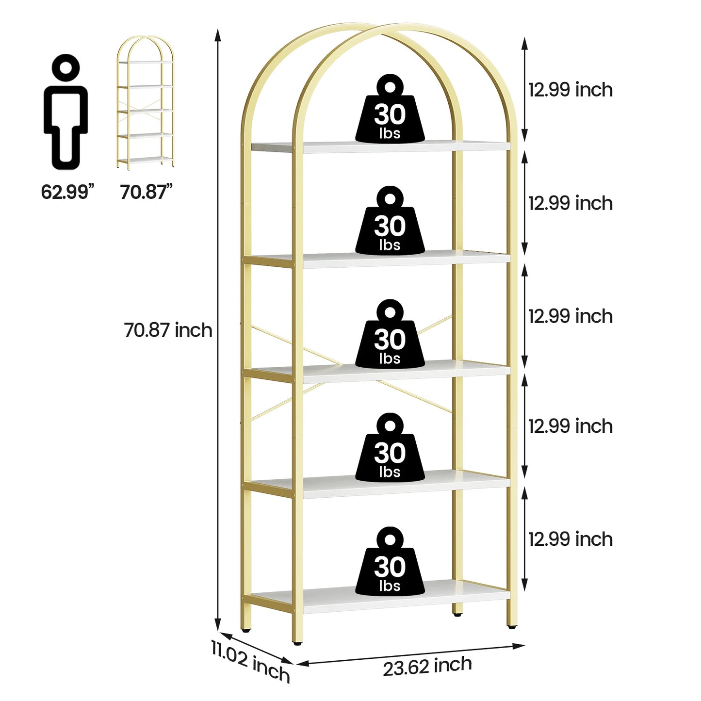 5 Tier Bookshelf Arched Display Shelves Tall Standing Bookshelves Metal Frame Modern Storage Rack Shelf Large Wooden Bookcase