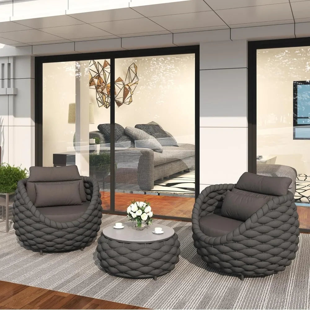 3 Pieces Aluminum Patio Furniture Set, Hand Woven Polyester Rope Modern Outdoor Set W/Washable Cushion